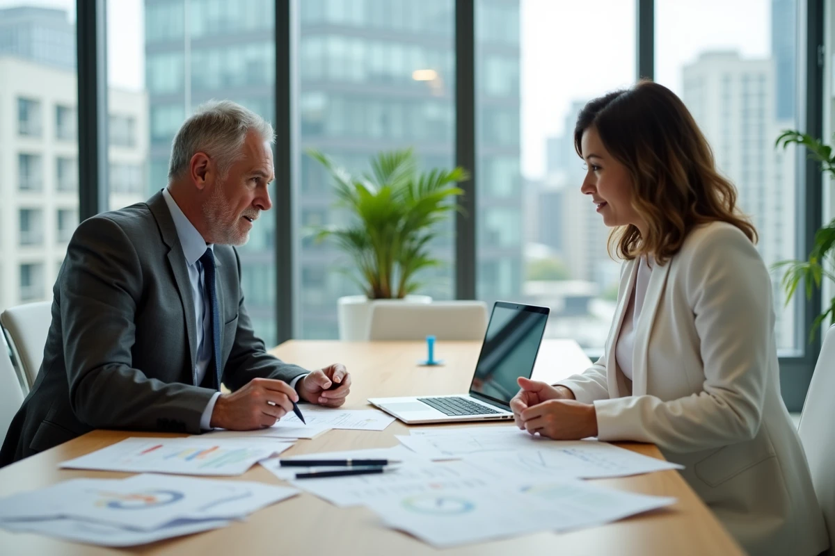 Deux professionnels analysant les diagnostics immobiliers obligatoires pour un bureau lors de la négociation d'un bail commercial