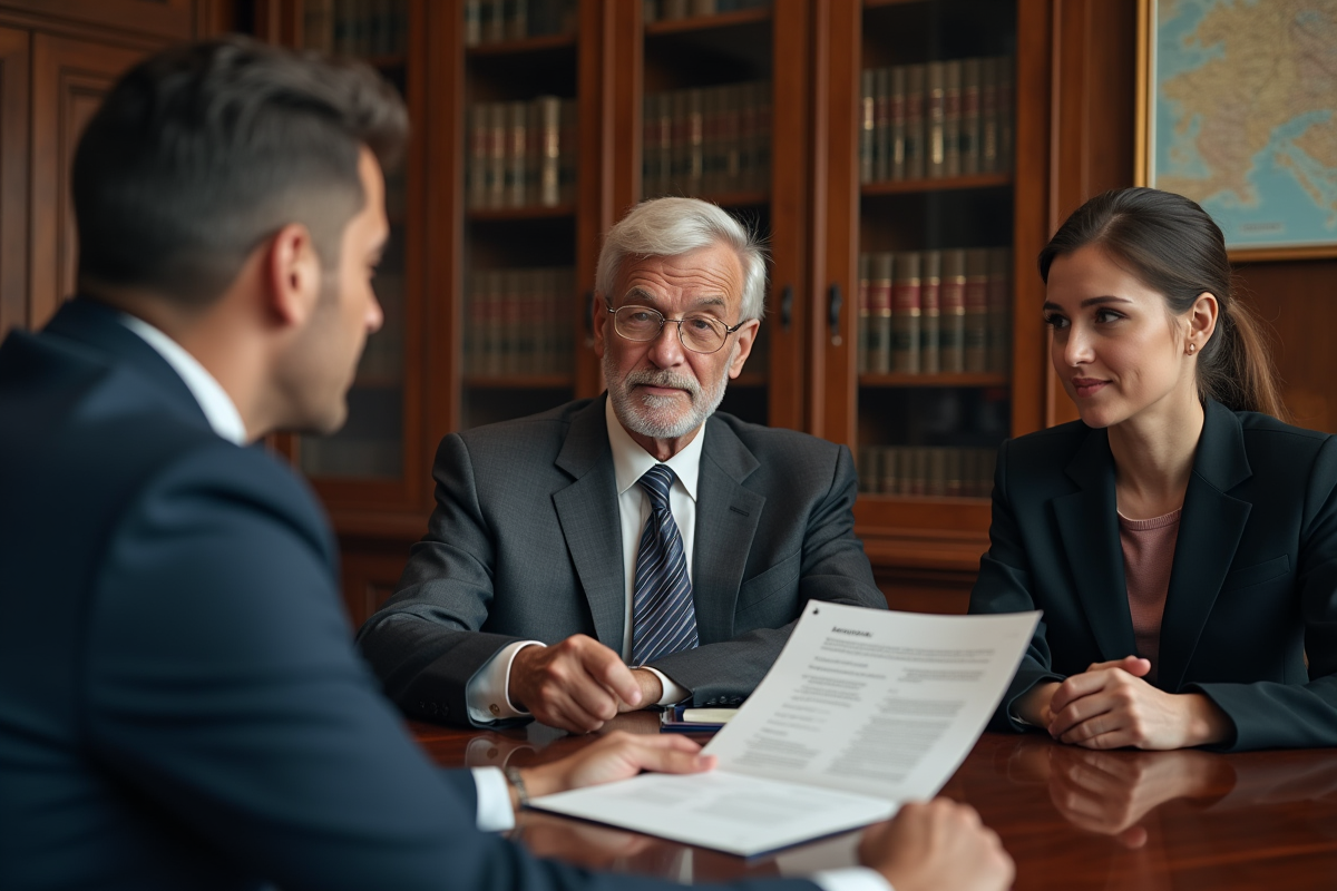Notaire expliquant des annexes à un jeune couple dans un bureau