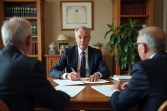 Notaire en réunion avec un couple d'acheteurs pour la signature d'un acte de vente immobilière, frais de négociation discutés autour d'un bureau en chêne