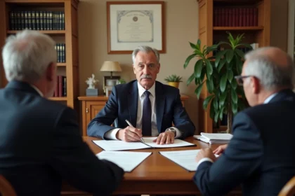 Notaire en réunion avec un couple d'acheteurs pour la signature d'un acte de vente immobilière, frais de négociation discutés autour d'un bureau en chêne