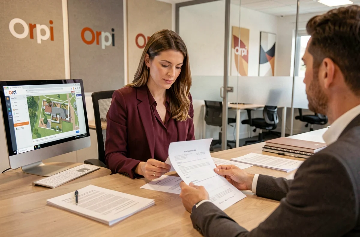 Conseillère Orpi en consultation avec un client dans un bureau moderne de l'agence à Clermont-Ferrand