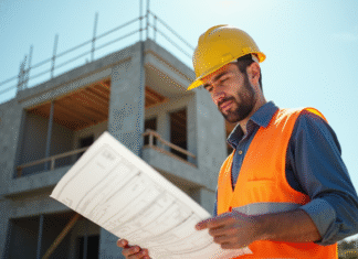 Assurance décennale : pourquoi est-elle nécessaire pour vous ? Ouvrier en casque jaune vérifiant des plans sur un chantier