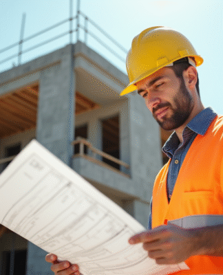 Ouvrier en casque jaune vérifiant des plans sur un chantier