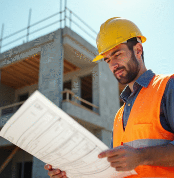 Ouvrier en casque jaune vérifiant des plans sur un chantier