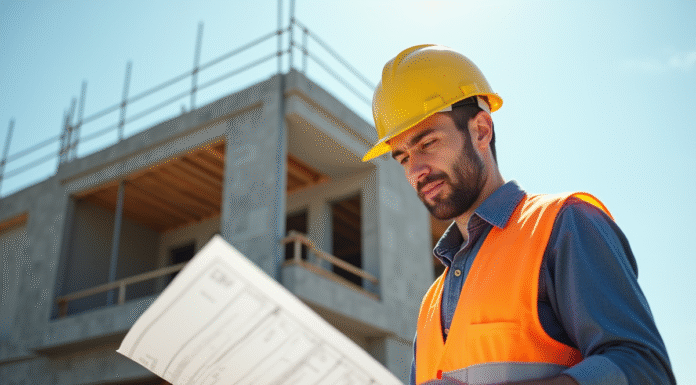 Ouvrier en casque jaune vérifiant des plans sur un chantier