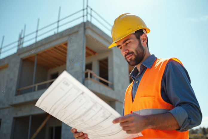 ouvrier-construction-chantier Ouvrier en casque jaune vérifiant des plans sur un chantier