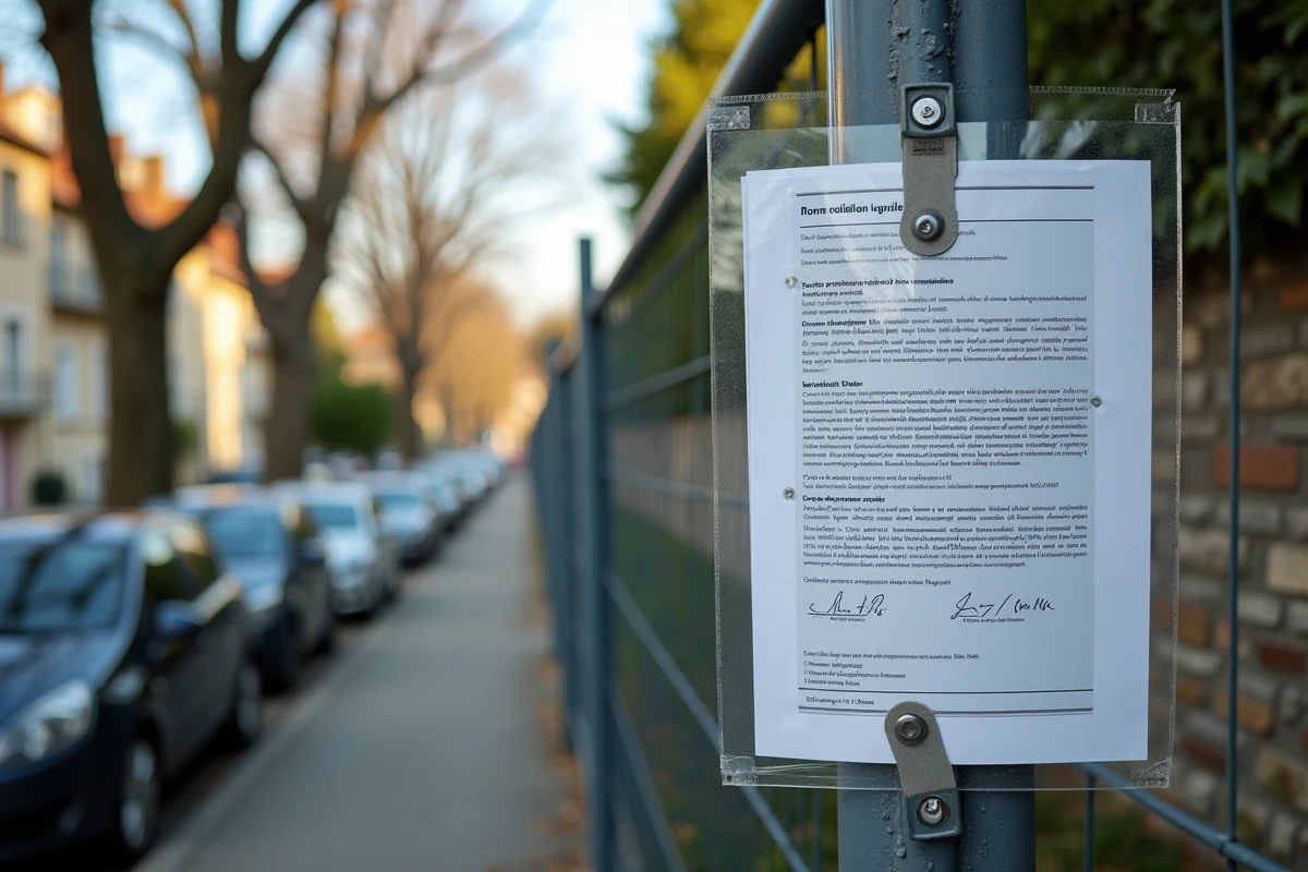 Panneau de permis de construire plastifié fixé sur un poteau de grillage de chantier en milieu urbain résidentiel