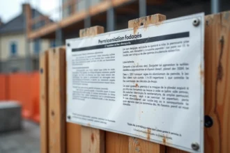 Panneau de permis de construire plastifié affiché sur une clôture de chantier extérieure en France