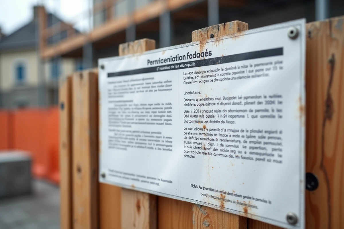 Panneau de permis de construire plastifié affiché sur une clôture de chantier extérieure en France