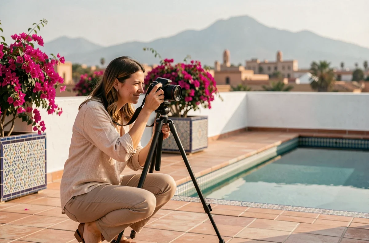 Photographe immobilière professionnelle en train de photographier la terrasse d'une villa à vendre à Marrakech avec vue sur les montagnes de l'Atlas et piscine