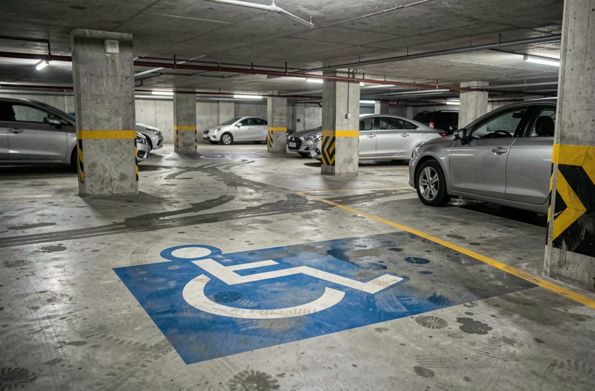 Place de parking accessible PMR en sous-sol avec marquage au sol bleu et dimensions élargies, vue intérieure d'un parking souterrain