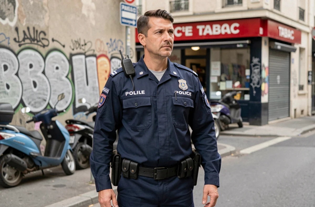 Agent de police municipale en patrouille dans un quartier urbain de Romans-sur-Isère, posture professionnelle et calme