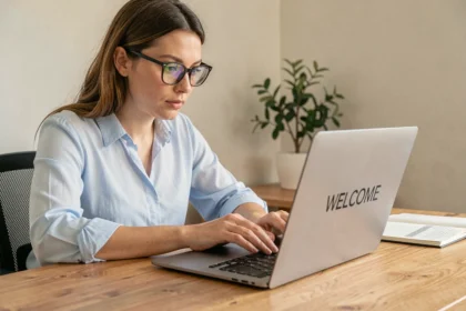 Femme connectée pour la première fois sur le portail Orchestra depuis un ordinateur portable à son bureau à domicile