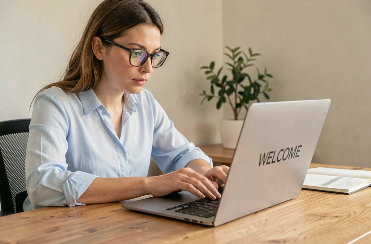 Femme connectée pour la première fois sur le portail Orchestra depuis un ordinateur portable à son bureau à domicile