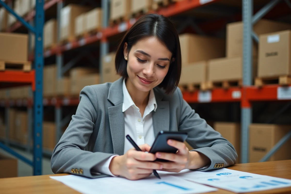 Professionnelle en entrepôt consultant une application mobile de gestion des stocks sur smartphone