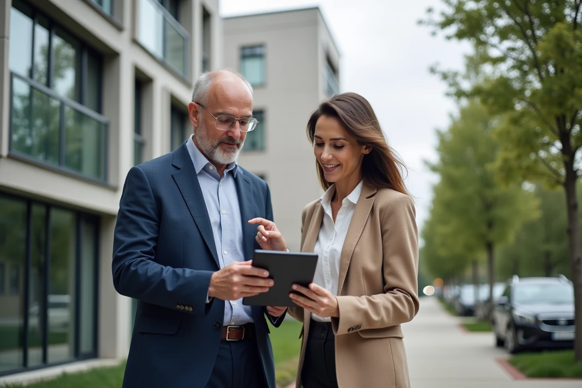 Deux professionnels de l'immobilier évaluant le prix d'un bien avec un logiciel d'estimation sur tablette devant un immeuble