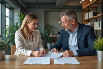 Femme et homme examinent un contrat de location dans un bureau