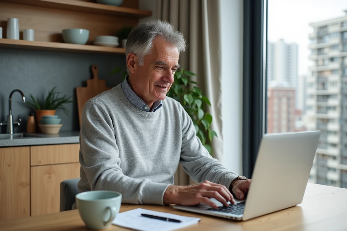 Propriétaire consultant un logiciel d'estimation immobilière depuis son domicile sur un ordinateur portable