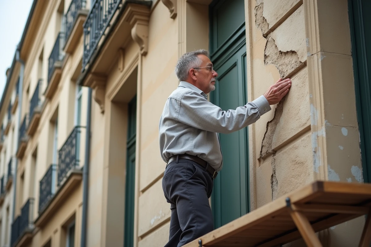 Propriétaire inspectant la façade en pierre d'un immeuble haussmannien pour évaluer des travaux de gros entretien obligatoires selon l'article 606 du code civil