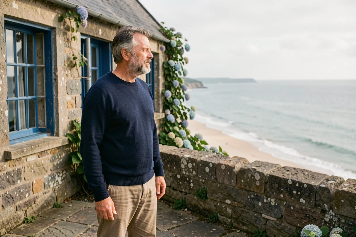 Propriétaire sur la terrasse d'une maison de pêcheur en Bretagne avec panorama sur la mer et la plage