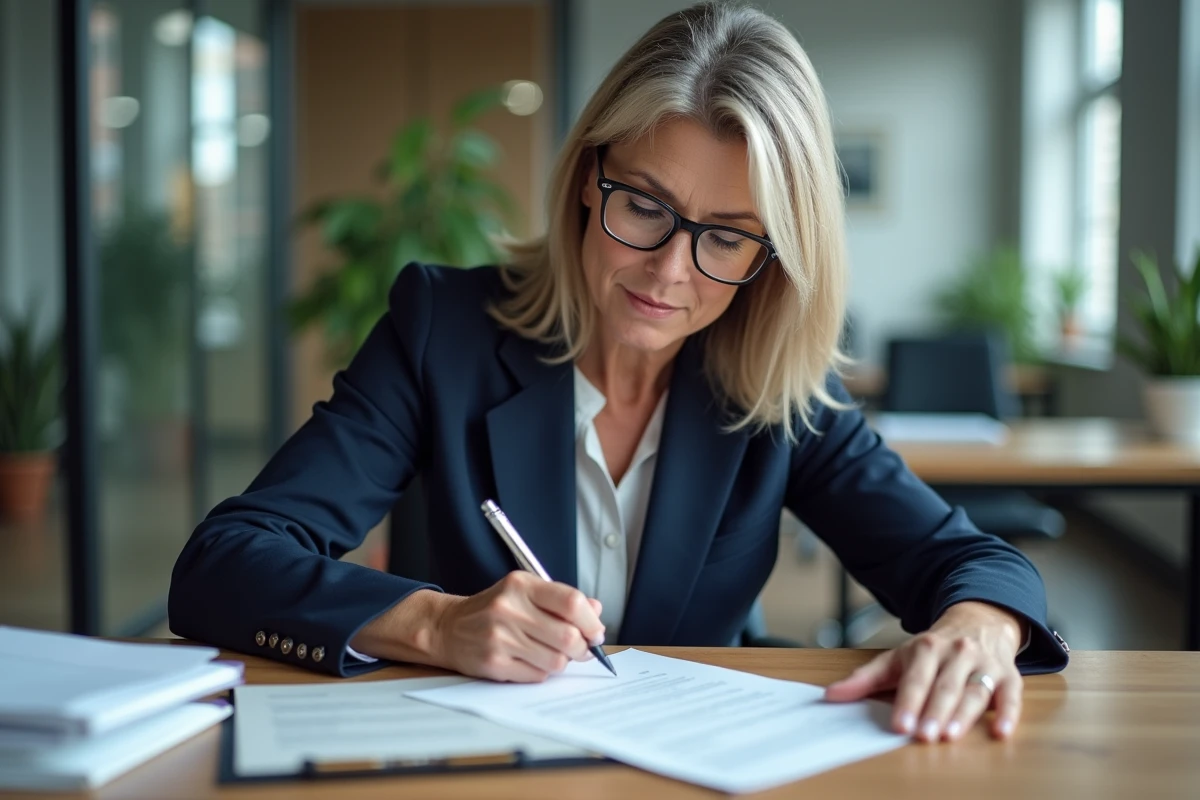 Propriétaire signant un document de résiliation de bail dans un bureau immobilier moderne