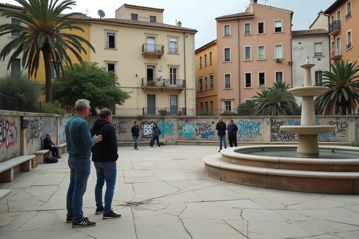 Place publique délabrée dans un quartier sensible de Fréjus avec habitants et immeubles vétustes