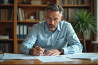 Homme rédigeant une lettre de défense pour vice caché immobilier à son bureau à domicile