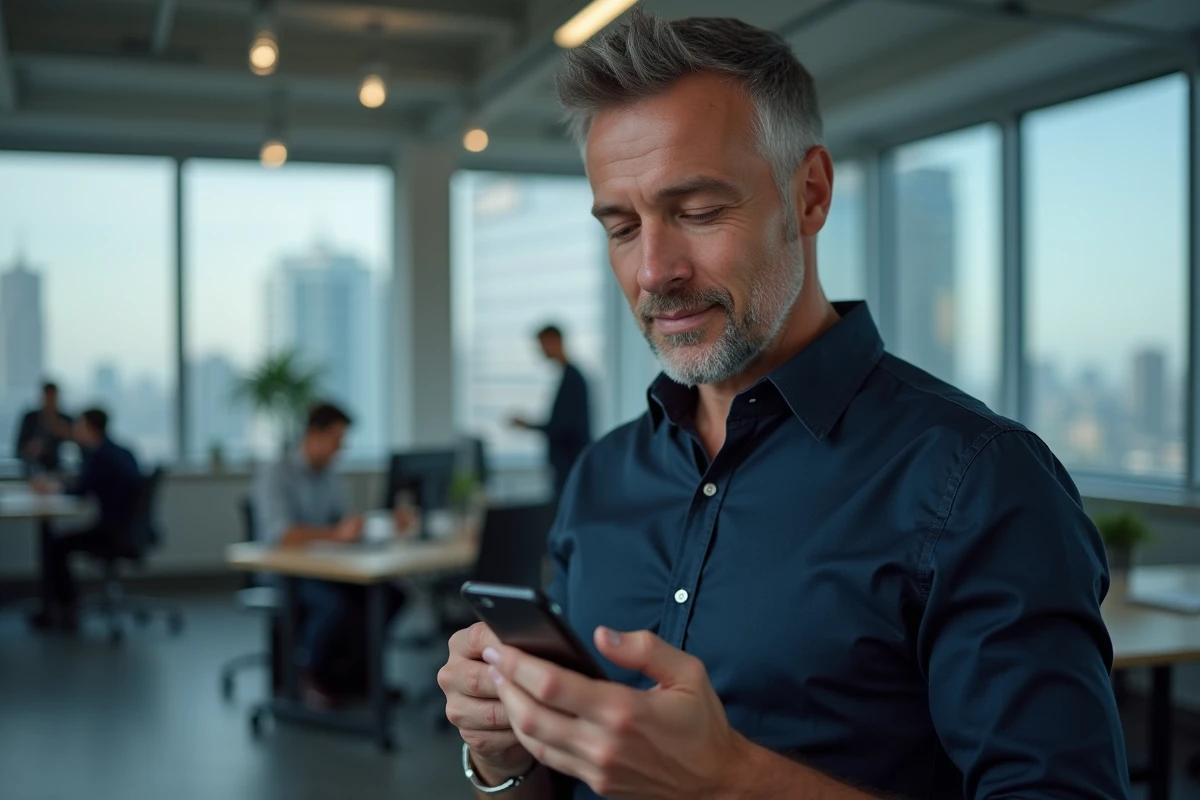 Homme réinitialisant son mot de passe CONVERGENCE Toulouse depuis un smartphone au bureau