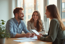 Jeune couple souriant rencontrant un agent immobilier dans un appartement lumineux