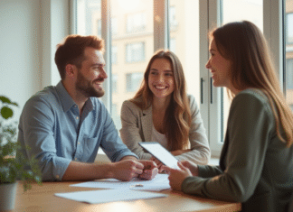 Acheter dans le neuf : une opération rentable ? Neuf avantages à connaître Jeune couple souriant rencontrant un agent immobilier dans un appartement lumineux