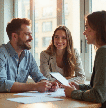 Acheter dans le neuf : une opération rentable ? Neuf avantages à connaître Jeune couple souriant rencontrant un agent immobilier dans un appartement lumineux