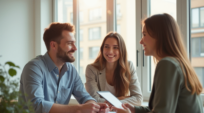 Jeune couple souriant rencontrant un agent immobilier dans un appartement lumineux
