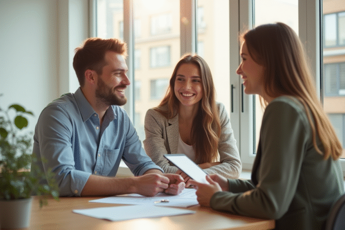 Jeune couple souriant rencontrant un agent immobilier dans un appartement lumineux