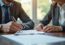 Couple confiant rencontrant un notaire dans un bureau lumineux