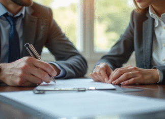 Couple confiant rencontrant un notaire dans un bureau lumineux
