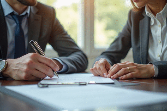 Couple confiant rencontrant un notaire dans un bureau lumineux
