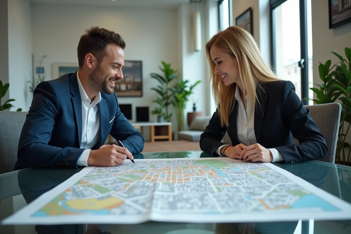 Couple d'investisseurs en réunion dans une agence immobilière analysant un plan de zonage urbain pour sécuriser un achat locatif