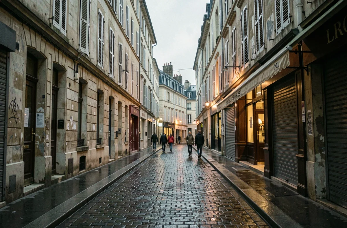 Rue étroite et pavée d'un quartier urbain de Romans-sur-Isère au crépuscule, immeubles anciens et commerces fermés