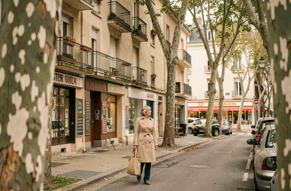 Rue résidentielle du quartier Nord de Villeneuve-Saint-Georges avec immeubles d'habitation typiques et commerces de proximité