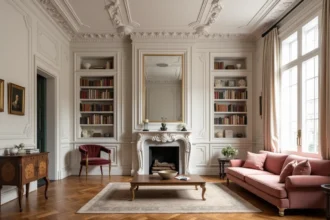 Salon haussmannien parisien avec moulures en plâtre, parquet en chevrons et cheminée en marbre, décoré dans un style élégant et raffiné