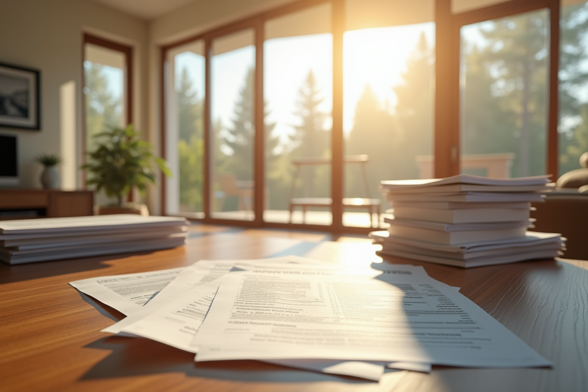 Salon lumineux avec documents immobiliers sur la table en bois