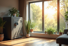Salon moderne avec coffre sécurisé et plantes vertes