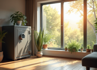 Protéger vos biens : conseils et bonnes pratiques pour les propriétaires Salon moderne avec coffre sécurisé et plantes vertes