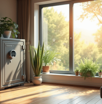 Protéger vos biens : conseils et bonnes pratiques pour les propriétaires Salon moderne avec coffre sécurisé et plantes vertes