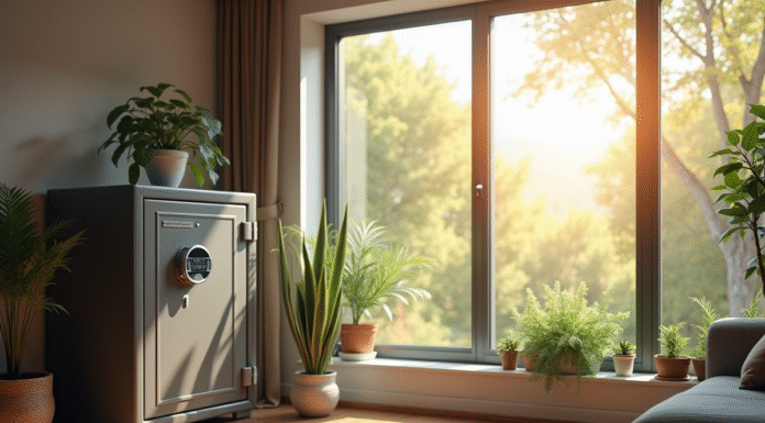 Salon moderne avec coffre sécurisé et plantes vertes