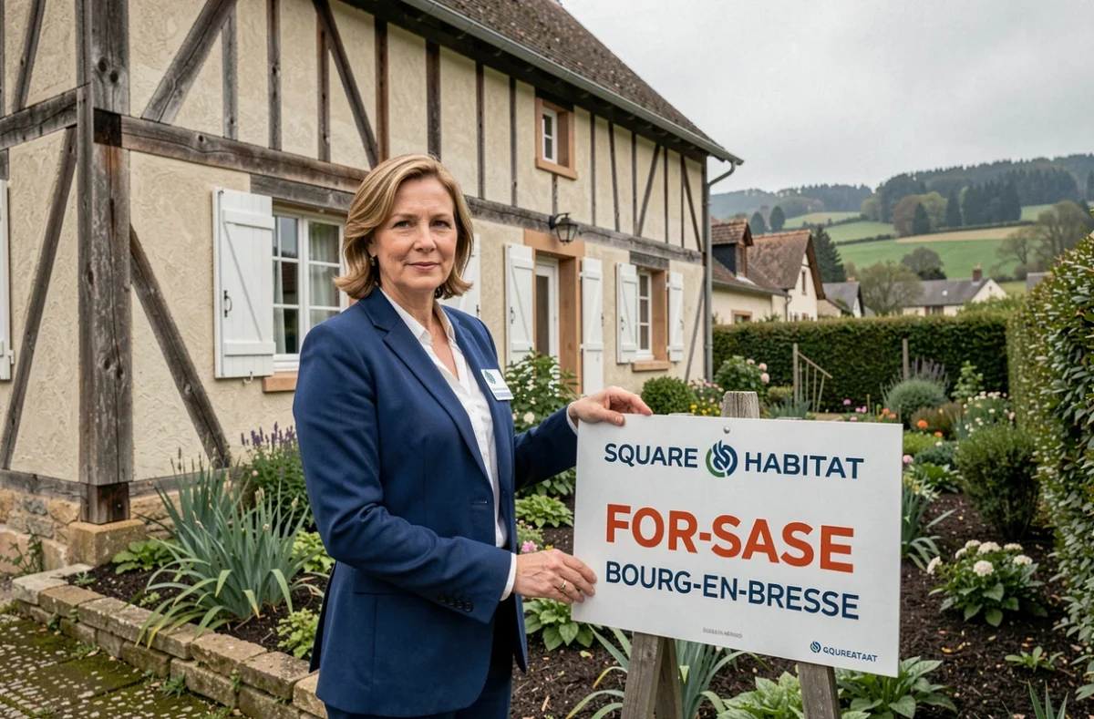 Conseillère Square Habitat installant un panneau à vendre devant une ferme bressane typique à Bourg-en-Bresse