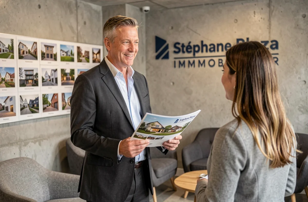 Agent Stéphane Plaza Immobilier accueillant une cliente dans le hall moderne de l'agence à Valence