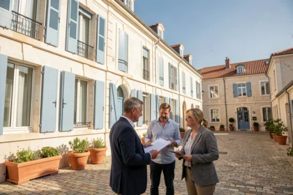 Un gestionnaire de copropriété professionnel discutant avec des copropriétaires devant un immeuble typique de La Rochelle en Charente-Maritime