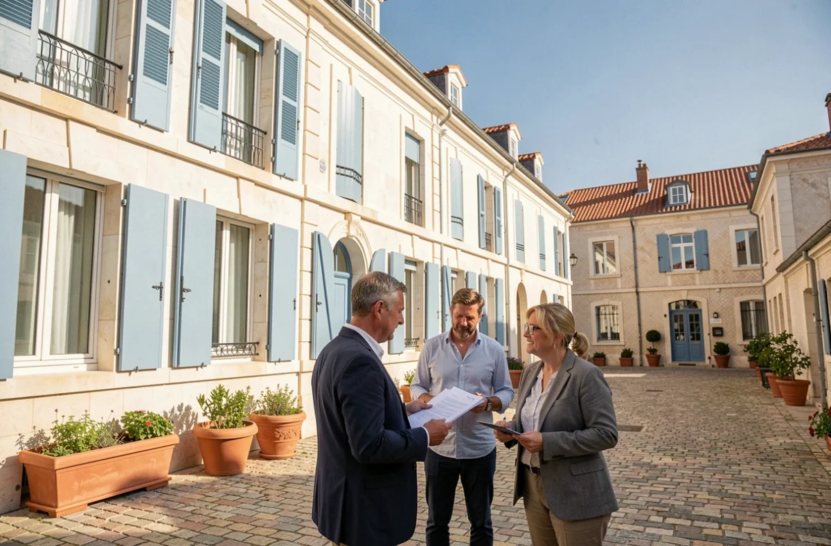 Un gestionnaire de copropriété professionnel discutant avec des copropriétaires devant un immeuble typique de La Rochelle en Charente-Maritime