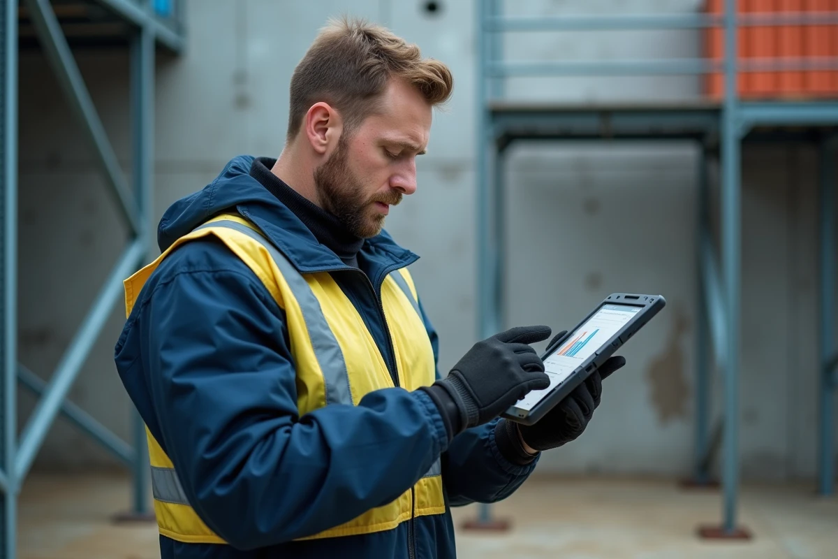 Technicien terrain utilisant une application de gestion sur tablette rugueuse dans un environnement industriel extérieur